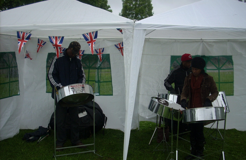 The steel band playing on no matter the weather
